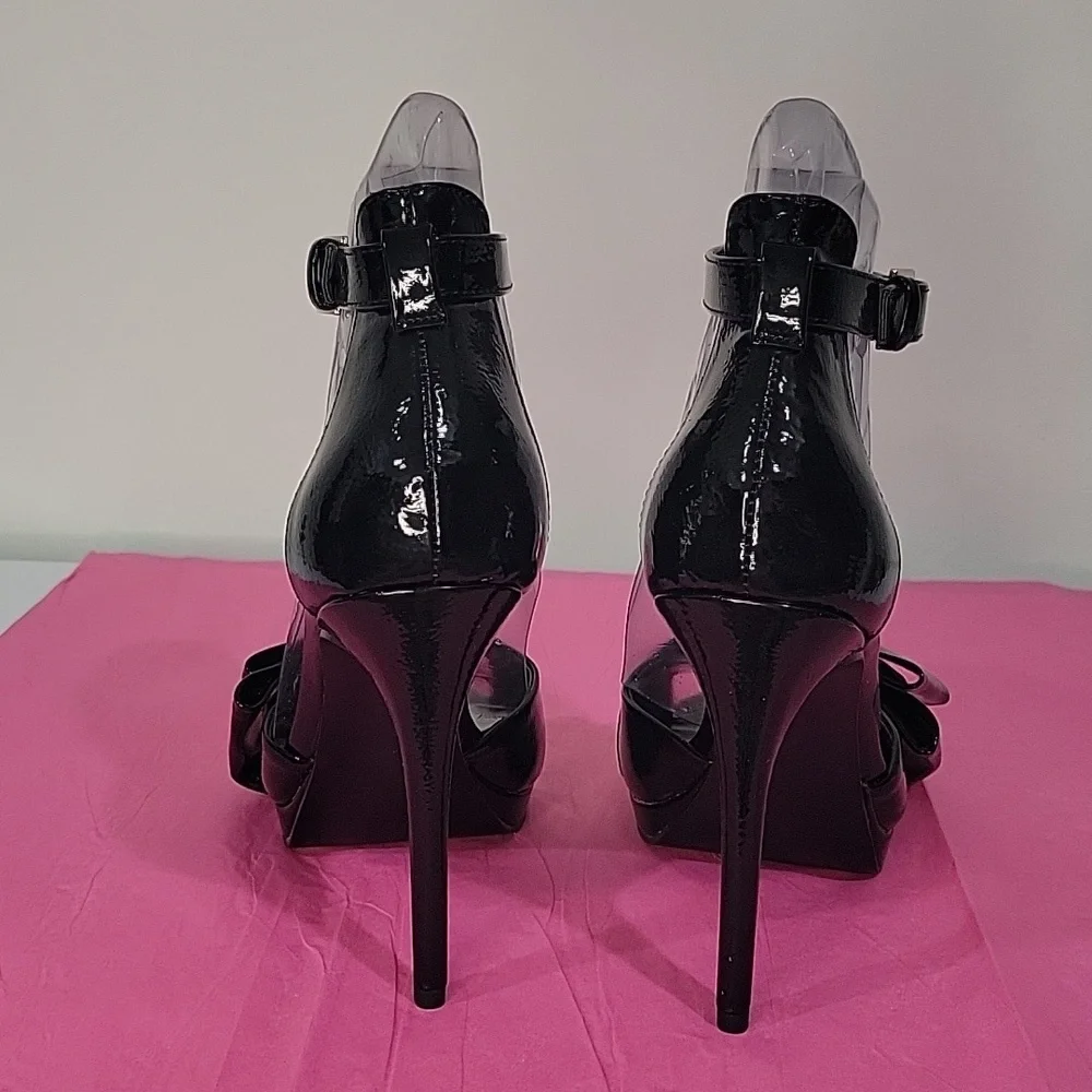 NINE WEST Black Patent Anklestrap Heels w Bow- NWOT Size 8.5 - Picture 5 of 11